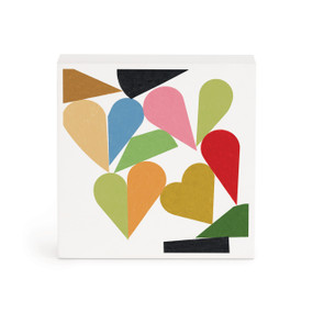 A small white box artwork of heart shapes in different colors.