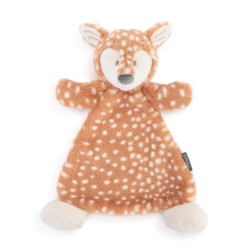 A brown and cream spotted blankie with the head and face of a fawn and large cream feet.