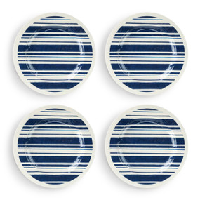 A set of four blue and white striped melamine dinner plates.