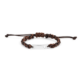 A brown braided cord adjustable bracelet with a silver rectangular charm with a heart shaped cutout.