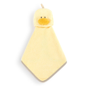 A yellow terrycloth washcloth with the face and orange beak of a duck.