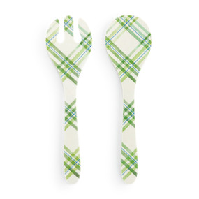 A large white plastic set of two serving utensils with a green plaid pattern.