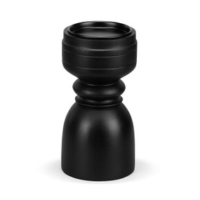 A large black wood pillar candle holder.