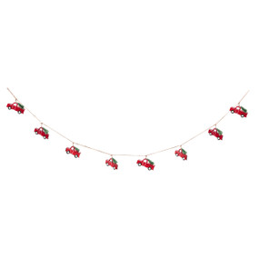 A garland made of little red wood truck cutouts. Each truck is carrying a Christmas tree.