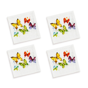 A set of four white cocktail napkins with a watercolor image of colorful butterflies.