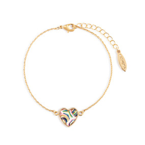 An adjustable gold chain bracelet with a heart shaped charm with a colorful interior.