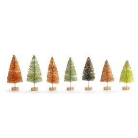 A set of seven small bottle brush trees in green, gold and aqua colors and slightly different sizes.