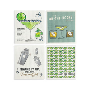 A set of four biodegradable dish cloths with a margarita theme. Each cloth has a different pattern.