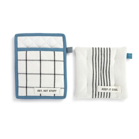 A set of two different hotpads in blue and white. One has a pocket and says "Hey, Hot Stuff" and the other is smaller and square and says "Keep It Cool".