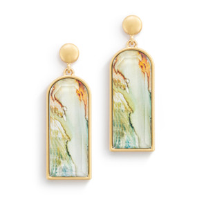 A pair of gold earrings with a vertical rectangle of pastel abstract artwork inspired by ArtLifting artist Alene Sirott-Cope.