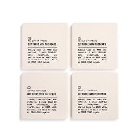 A set of four white ceramic coasters with the saying "RE: Out of Office Out there with the Bears" with a short write up about someone out in nature.