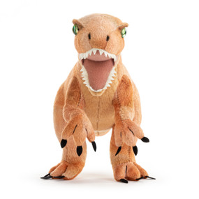 A brown plush velociraptor beanbag dinosaur.