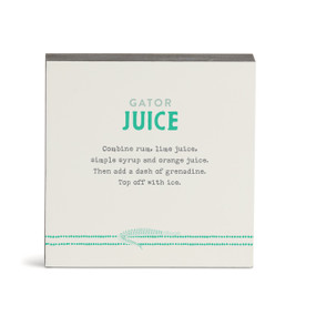 A white square wall art with a basic recipe for Gator Juice written in green.