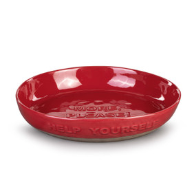 A red ceramic serving bowl with a tan textured base. The front of the bowl says "Help Yourself".