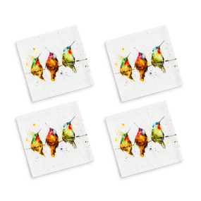 A set of four white cocktail napkins with a watercolor image of hummingbirds perched on a wire.