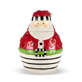 A red and white ceramic cookie jar shaped and decorated to look like Santa.