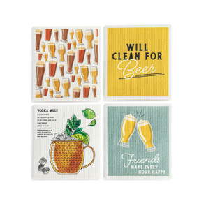 A set of four biodegradable dish cloths with a beer theme. Each cloth has a different pattern.
