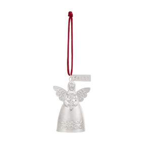 A mini white bell ornament shaped like an angel holding a cross. There is a tag at the top with the word "Faith".