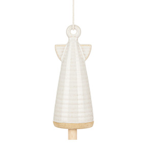 A small cream ceramic angel shaped bell with small wings.