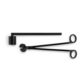 A black metal candle set including a candle snuffer and trimmer.