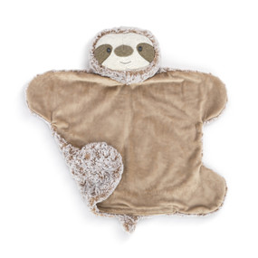 A weighted gray and brown blanket with the head and face of a sloth, laid flat with one corner turned over showing the plush side.