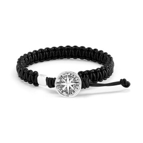 A men's adjustable black bracelet with a round silver charm of a compass that says "Protect Us Guide Us".