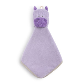 A purple terrycloth washcloth with the face and ears of a hippo.