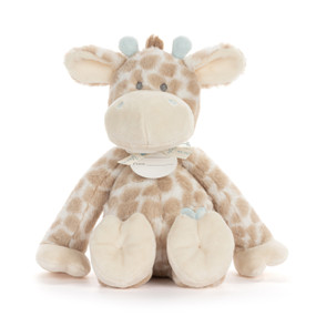 A plush cream and tan giraffe with light blue horns and heart on its tummy.