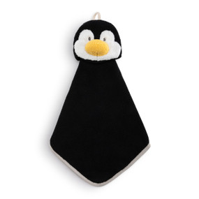 A black terrycloth washcloth with the face and yellow beak of a penguin.