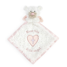 A white fuzzy blankie with a light pink edge and embroidery that says "Bless this little angel". The blankie has the face and pink wings of an angel bear.