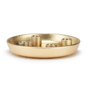 A round gold metal Advent candle holder, that has four candle holders.