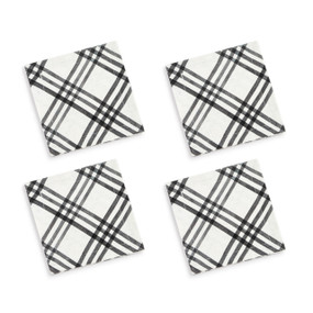 A set of four white cocktail napkins with a black plaid pattern.