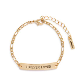 An adjustable gold chain bracelet with a metal bar that says "Forever Loved".