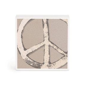 A small white box artwork of a tan peace sign on a brown background.