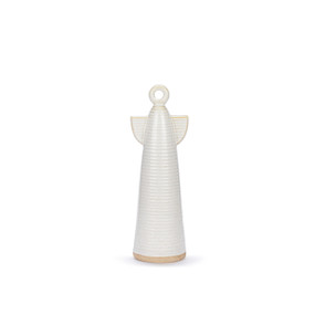A white ceramic figure symbolizing an angel with small wings and a tan textured base.