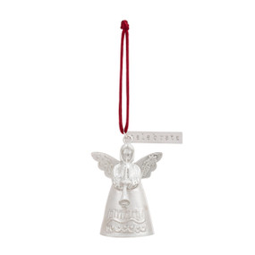 A mini white bell ornament shaped like an angel playing a horn. There is a tag at the top with the word "Celebrate".