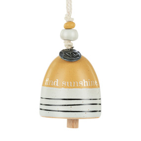 A mini dark yellow and cream bell with the saying "find sunshine". There are beads and a metal token at the top of the bell.