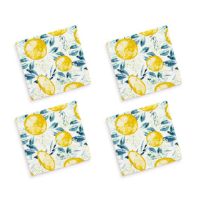 A set of four white cocktail napkins with lemon illustrations.