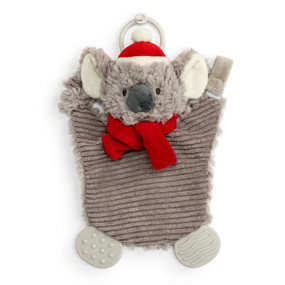 A gray and cream koala teether buddy wearing a red scarf and stocking hat. The teether has a stroller ring at the top.