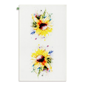 A white kitchen towel with watercolor images of yellow sunflowers, displayed laid out flat.