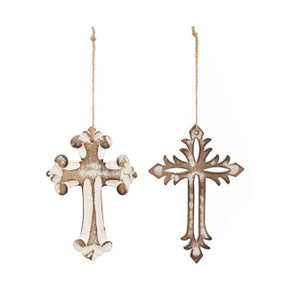 A set of two different wood cross ornaments, each with a different finish.