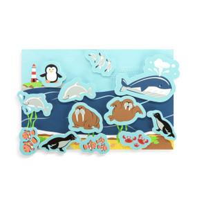 A two sided bath playmat in an ocean friends theme. There are individual pieces of different ocean animals.