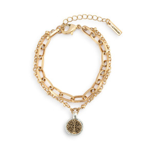 An adjustable double gold chain bracelet with a round gold metal cross medallion with a silver metal rim.
