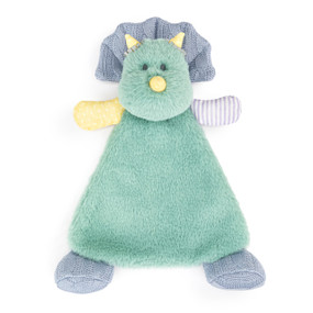A green blankie with the head and horns of a dinosaur and knit dark gray feet.