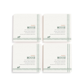 A set of four white square coasters with a basic recipe for a Fuzzy Moose written in green.