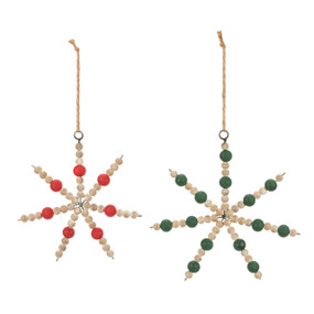 A set of two different wood bead snowflake ornaments. One is made from red and brown and the other is green and brown.