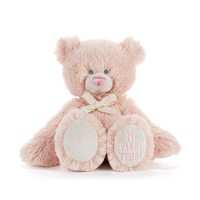 A mini light pink plush bear with "My First Teddy" embroidered on the paw of his left leg.