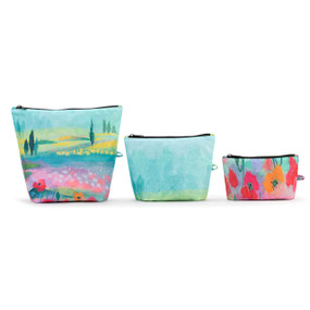 A set of three zippered fabric pouches with poppy field artwork inspired by Artlifting artist Midori. The bags are in three different sizes.