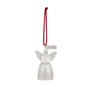 A mini white bell ornament shaped like an angel. There is a tag at the top with the word "Hope".