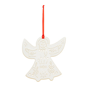 A white mini angel ornament hanging from a red ribbon. The ornament has the saying "mom" with decorative holes and images on the ceramic.
